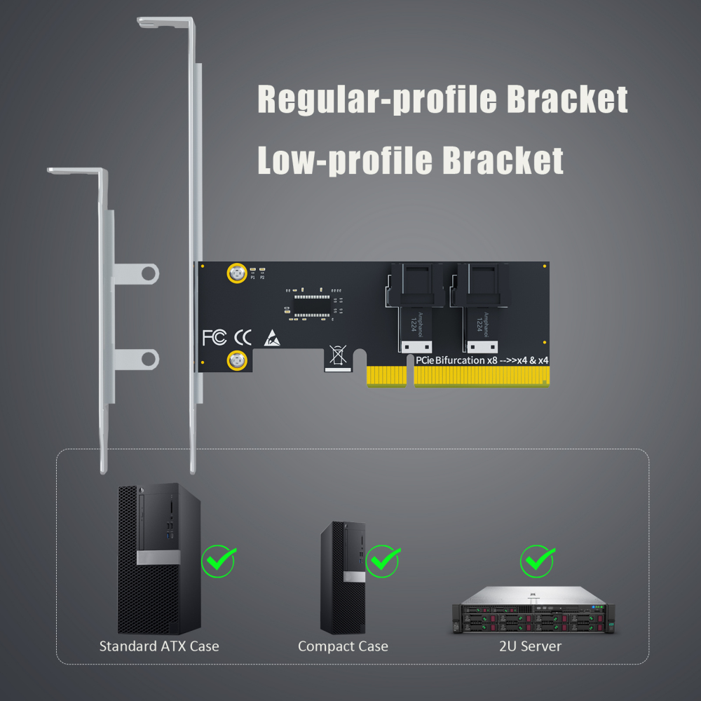 SF02 2-Port SFF-8643(Mini-SAS HD) to PCIE 4.0 X8 Adapter Card Without PCIe Bifurcation Function, Regular and Low-profible Bracket