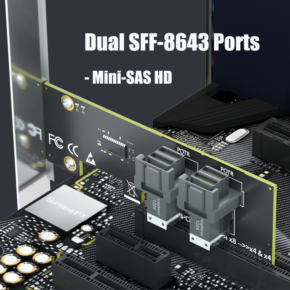 SF02 2-Port SFF-8643(Mini-SAS HD) to PCIE 4.0 X8 Adapter Card Without PCIe Bifurcation Function, Regular and Low-profible Bracket