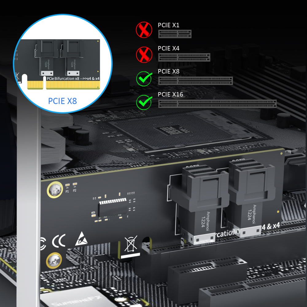 SF02 2-Port SFF-8643(Mini-SAS HD) to PCIE 4.0 X8 Adapter Card Without PCIe Bifurcation Function, Regular and Low-profible Bracket