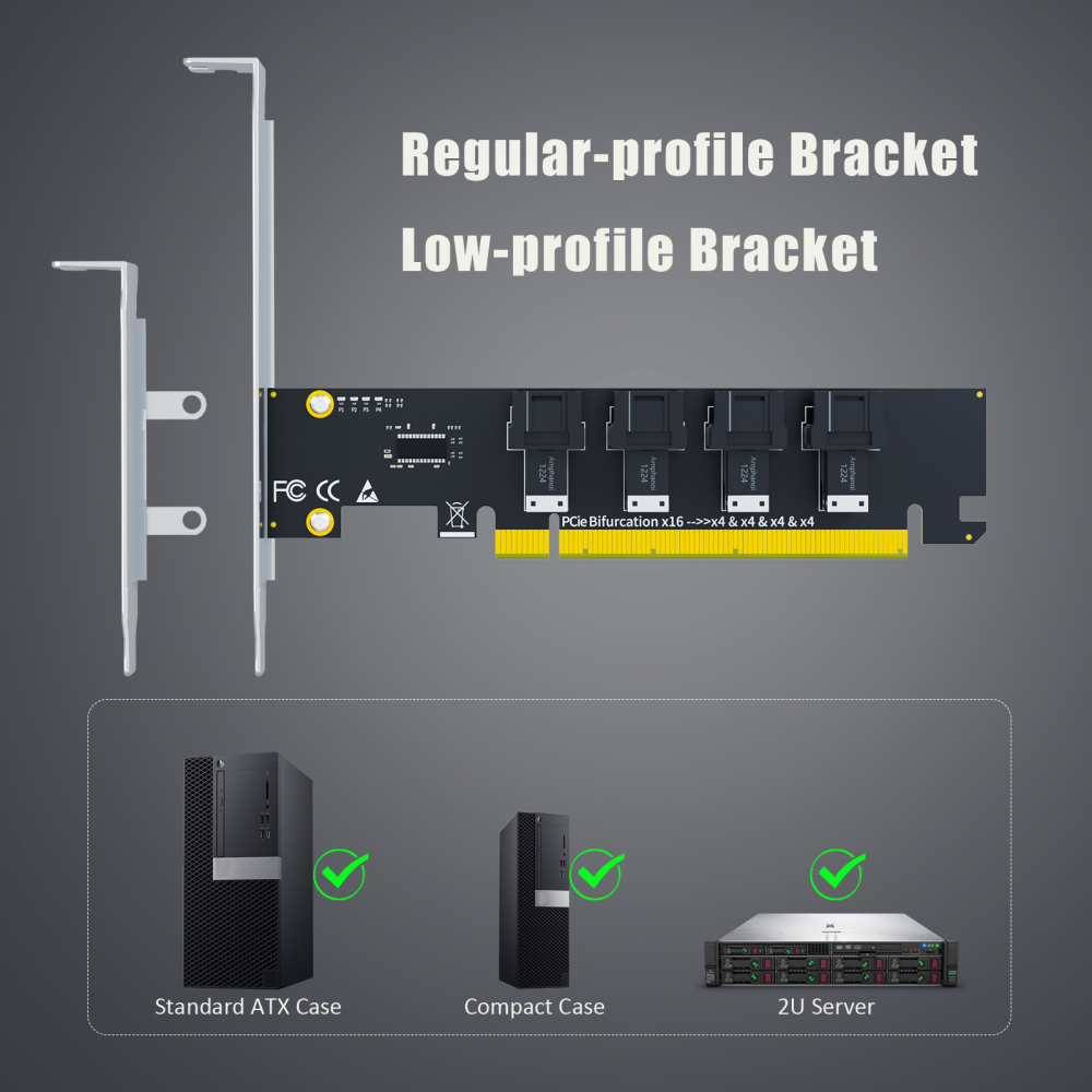 SF04 4-Port SFF-8643(Mini-SAS HD) to PCIE 4.0 X16 Adapter Card Without PCIe Bifurcation Function, Regular and Low-profible Bracket