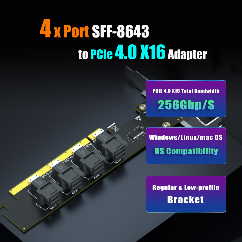 SF04 4-Port SFF-8643(Mini-SAS HD) to PCIE 4.0 X16 Adapter Card Without PCIe Bifurcation Function, Regular and Low-profible Bracket
