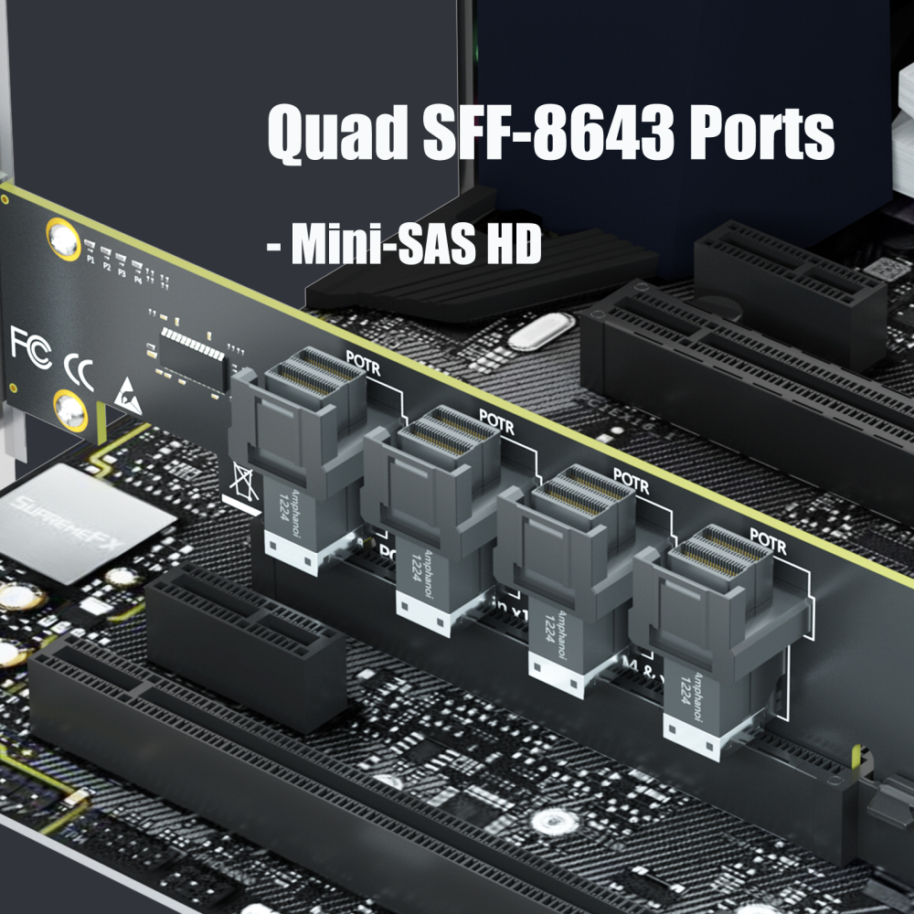 SF04 4-Port SFF-8643(Mini-SAS HD) to PCIE 4.0 X16 Adapter Card Without PCIe Bifurcation Function, Regular and Low-profible Bracket