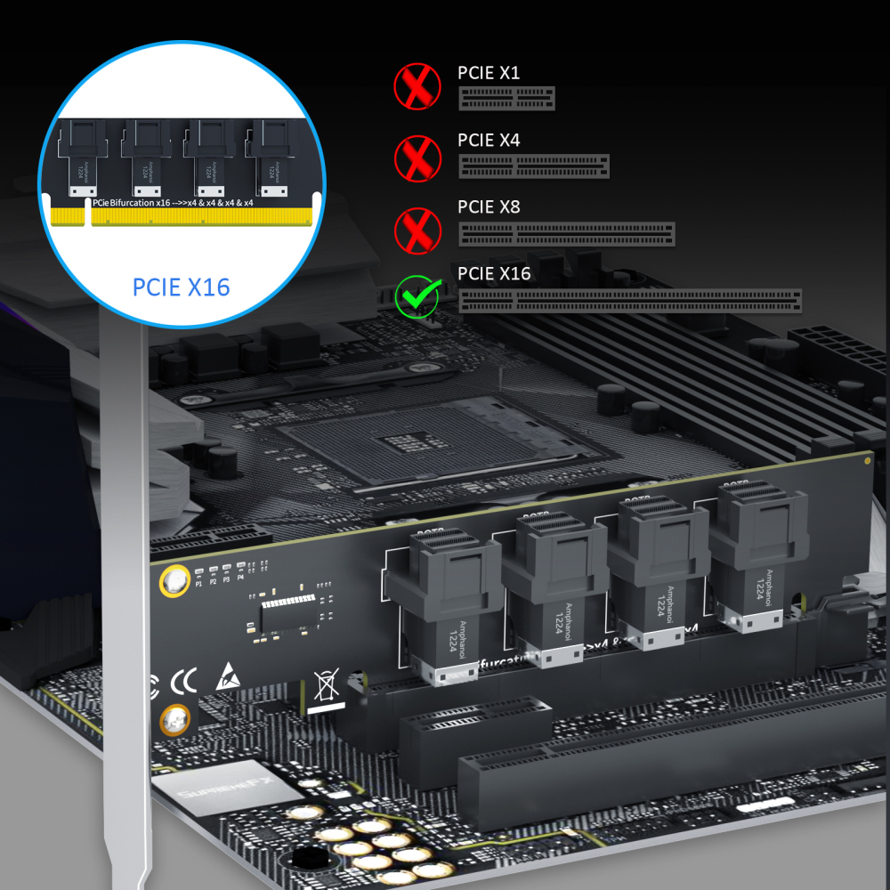 SF04 4-Port SFF-8643(Mini-SAS HD) to PCIE 4.0 X16 Adapter Card Without PCIe Bifurcation Function, Regular and Low-profible Bracket
