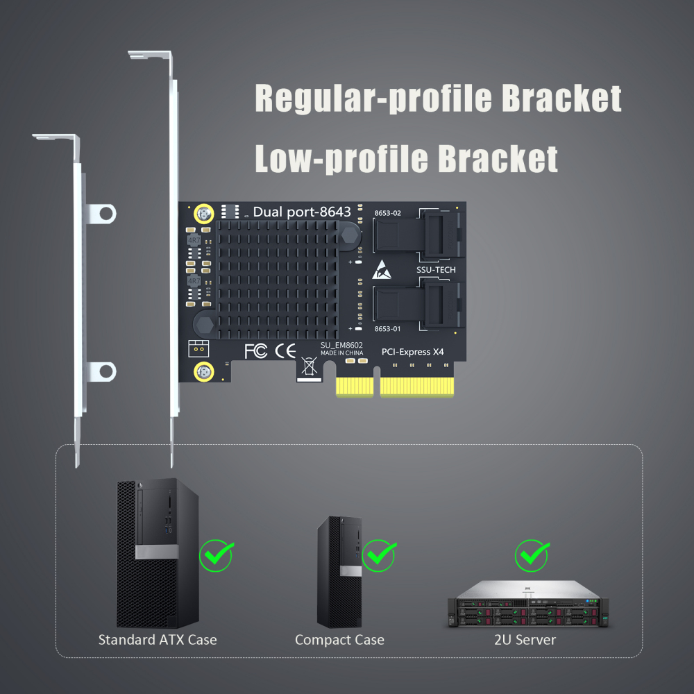 SF22 2-Port SFF-8643(Mini-SAS HD) to PCIE 3.0 X4 Adapter Card with PCIe Bifurcation Function, Regular and Low-profible Bracket