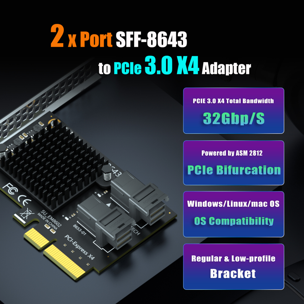 SF22 2-Port SFF-8643(Mini-SAS HD) to PCIE 3.0 X4 Adapter Card with PCIe Bifurcation Function, Regular and Low-profible Bracket