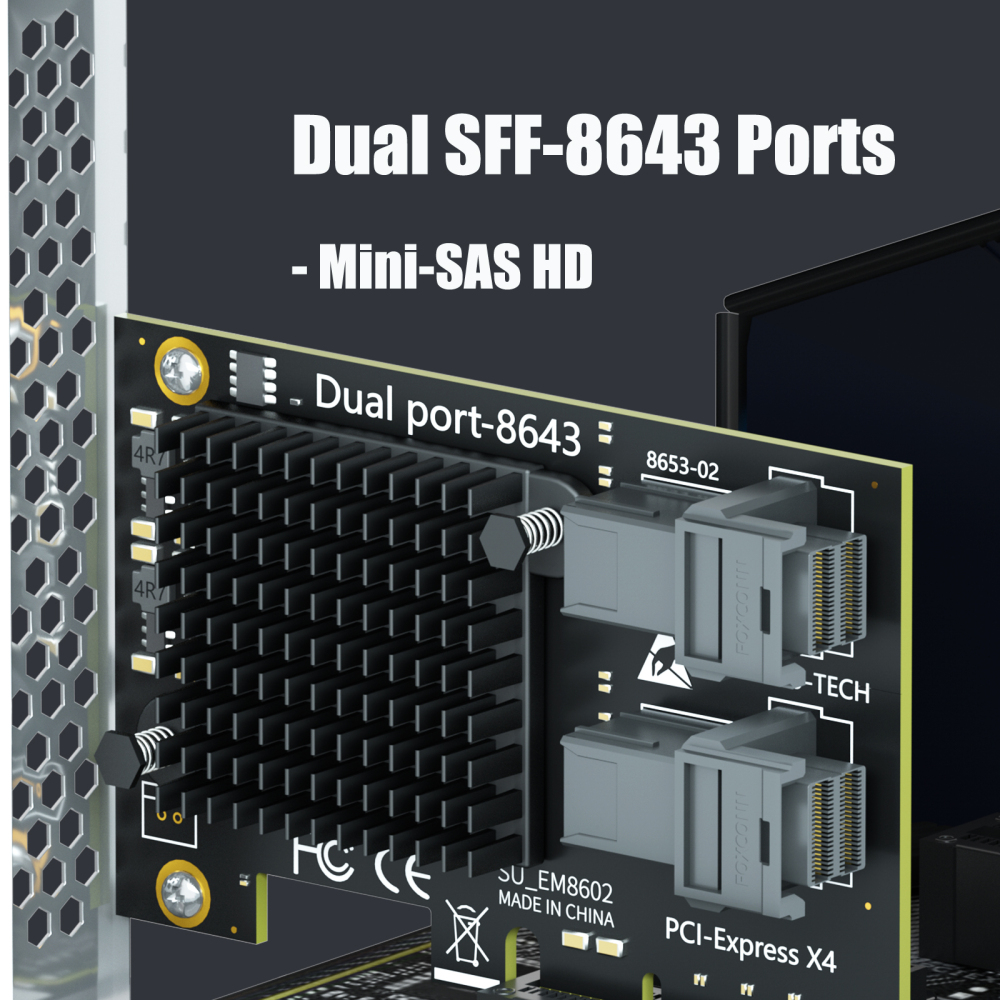 SF22 2-Port SFF-8643(Mini-SAS HD) to PCIE 3.0 X4 Adapter Card with PCIe Bifurcation Function, Regular and Low-profible Bracket