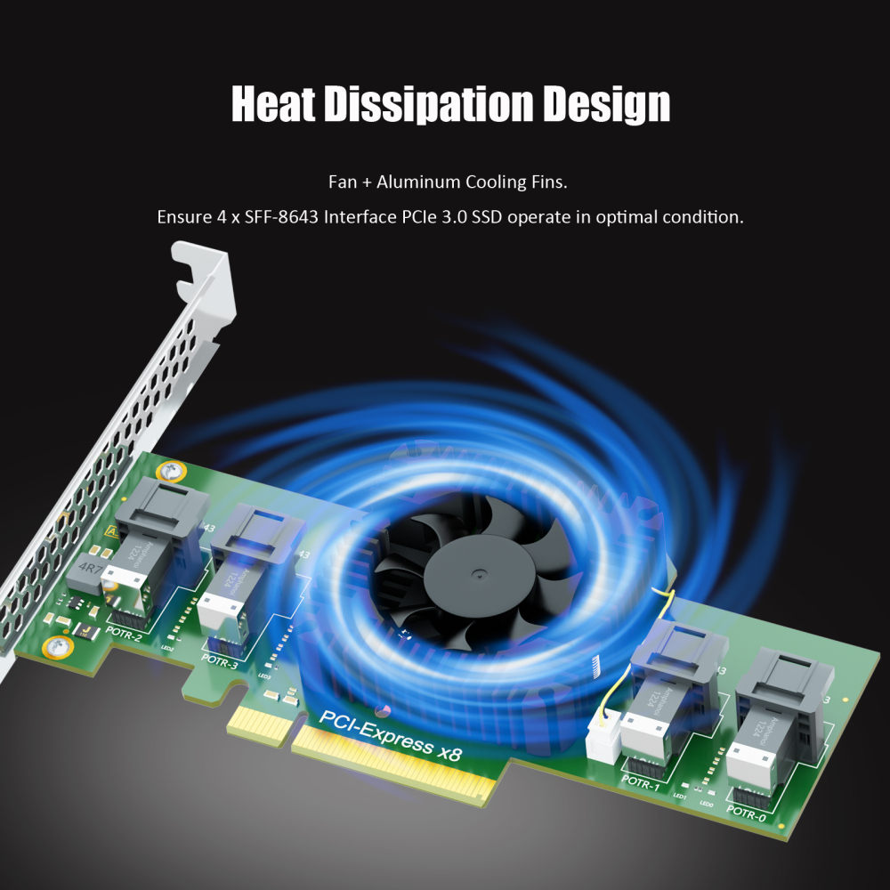 SF44 4-Port SFF-8643(Mini-SAS HD) to PCIE 3.0 X8 Adapter Card with PCIe Bifurcation Function, Regular and Low-profible Bracket