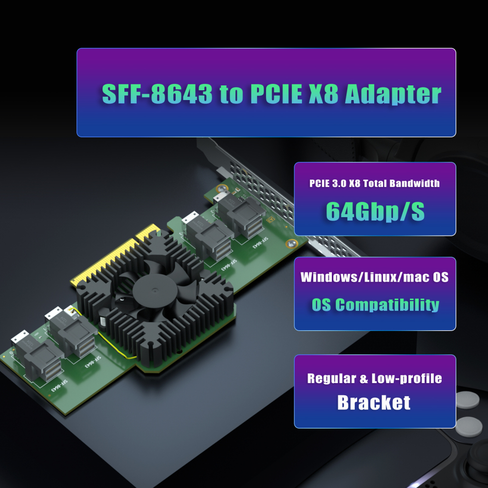 SF44 4-Port SFF-8643(Mini-SAS HD) to PCIE 3.0 X8 Adapter Card with PCIe Bifurcation Function, Regular and Low-profible Bracket