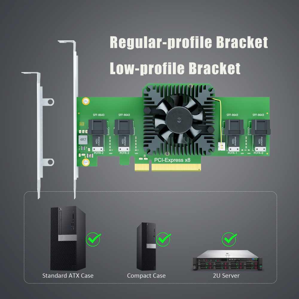 SF44 4-Port SFF-8643(Mini-SAS HD) to PCIE 3.0 X8 Adapter Card with PCIe Bifurcation Function, Regular and Low-profible Bracket