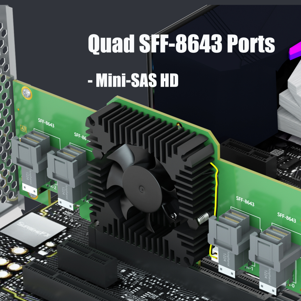 SF44 4-Port SFF-8643(Mini-SAS HD) to PCIE 3.0 X8 Adapter Card with PCIe Bifurcation Function, Regular and Low-profible Bracket