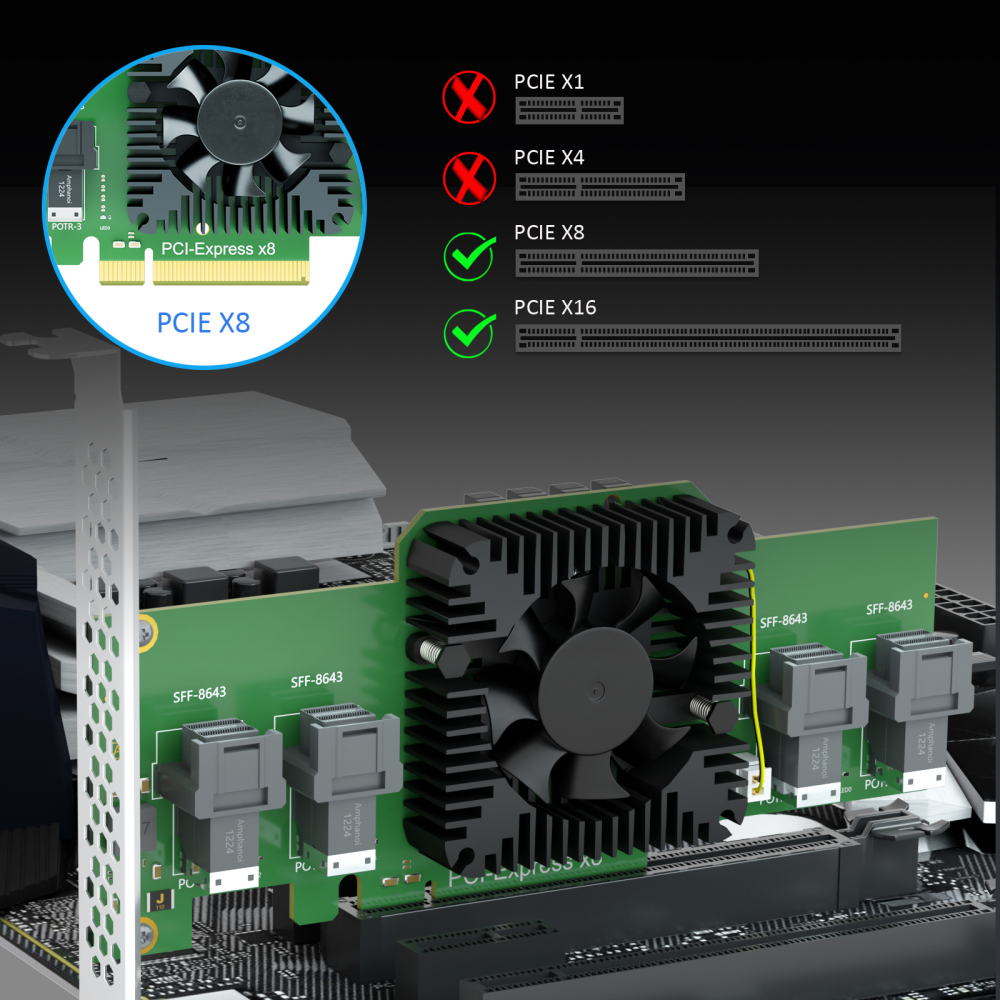 SF44 4-Port SFF-8643(Mini-SAS HD) to PCIE 3.0 X8 Adapter Card with PCIe Bifurcation Function, Regular and Low-profible Bracket