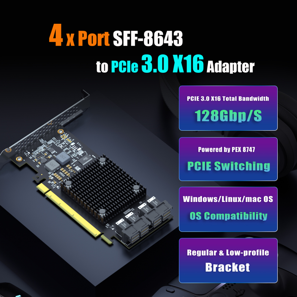 ST583 4-Port SFF-8643 to PCIE 3.0 X16 Adapter Card with PEX8747 Controller for High-Density U.2/U.3/M.2 NVMe RAID Storage Solution