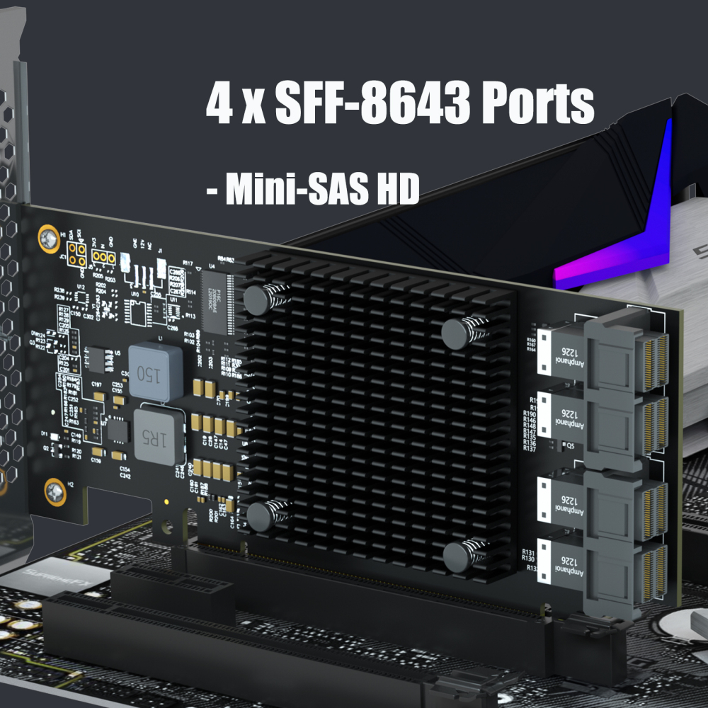 ST583 4-Port SFF-8643 to PCIE 3.0 X16 Adapter Card with PEX8747 Controller for High-Density U.2/U.3/M.2 NVMe RAID Storage Solution