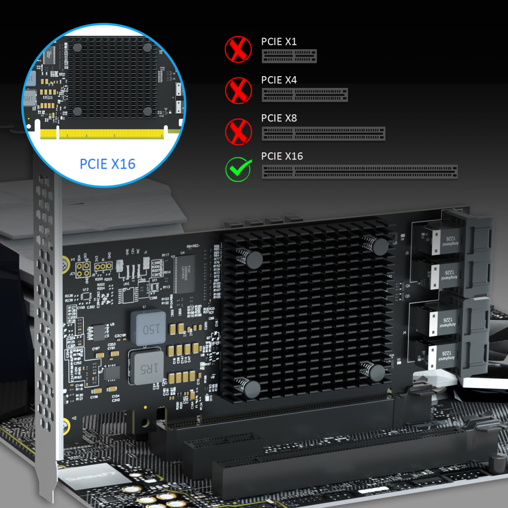 ST583 4-Port SFF-8643 to PCIE 3.0 X16 Adapter Card with PEX8747 Controller for High-Density U.2/U.3/M.2 NVMe RAID Storage Solution