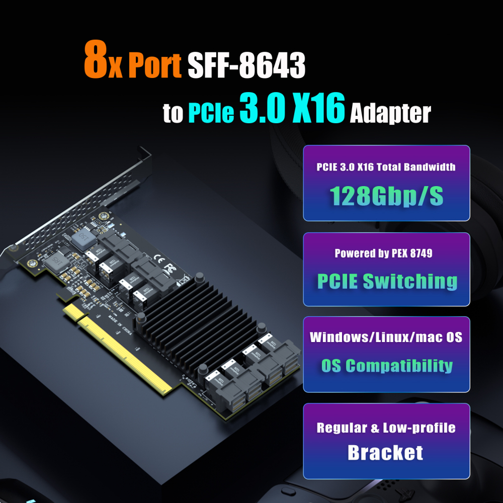 ST538 8-Port SFF-8643 to PCIE 3.0 X16 Adapter Card with PEX8749 Controller for High-Density U.2/U.3/M.2 NVMe RAID Storage Solution