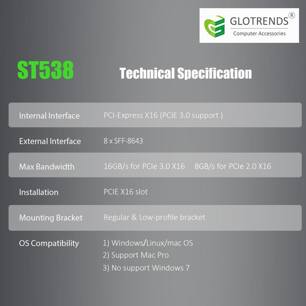 ST538 8-Port SFF-8643 to PCIE 3.0 X16 Adapter Card with PEX8749 Controller for High-Density U.2/U.3/M.2 NVMe RAID Storage Solution