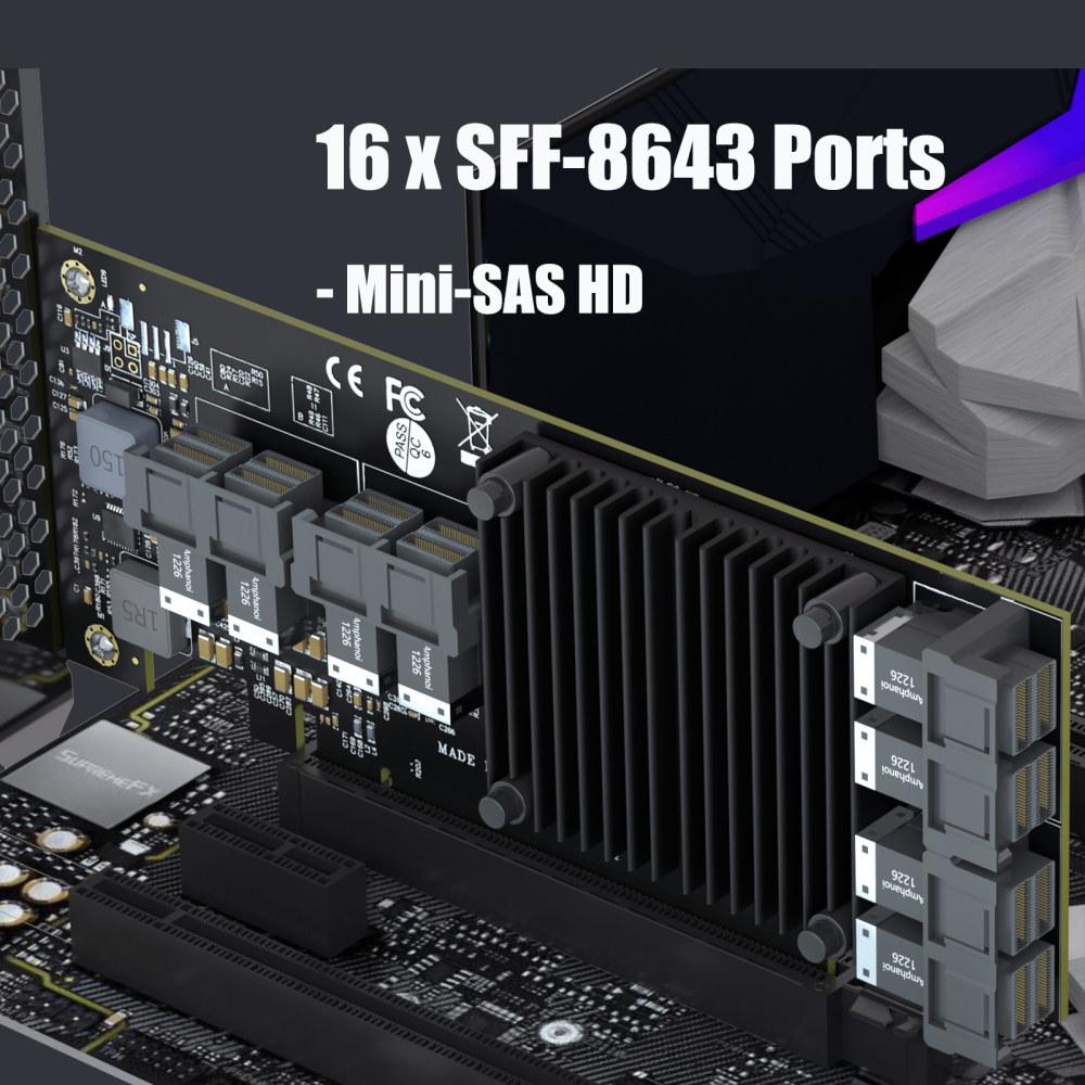 ST538 8-Port SFF-8643 to PCIE 3.0 X16 Adapter Card with PEX8749 Controller for High-Density U.2/U.3/M.2 NVMe RAID Storage Solution