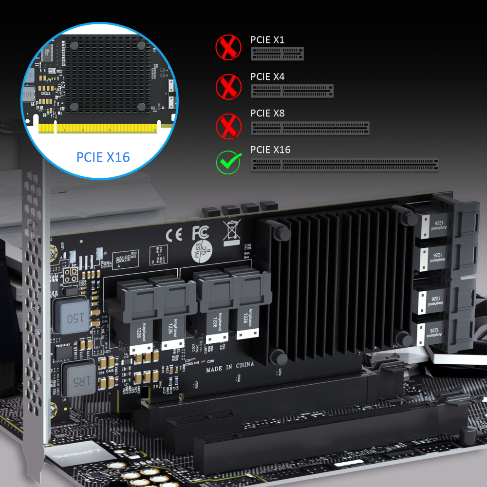 ST538 8-Port SFF-8643 to PCIE 3.0 X16 Adapter Card with PEX8749 Controller for High-Density U.2/U.3/M.2 NVMe RAID Storage Solution