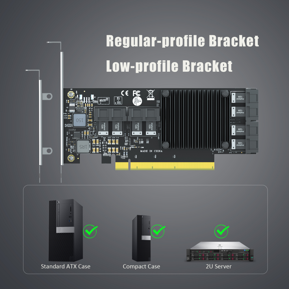 ST538 8-Port SFF-8643 to PCIE 3.0 X16 Adapter Card with PEX8749 Controller for High-Density U.2/U.3/M.2 NVMe RAID Storage Solution