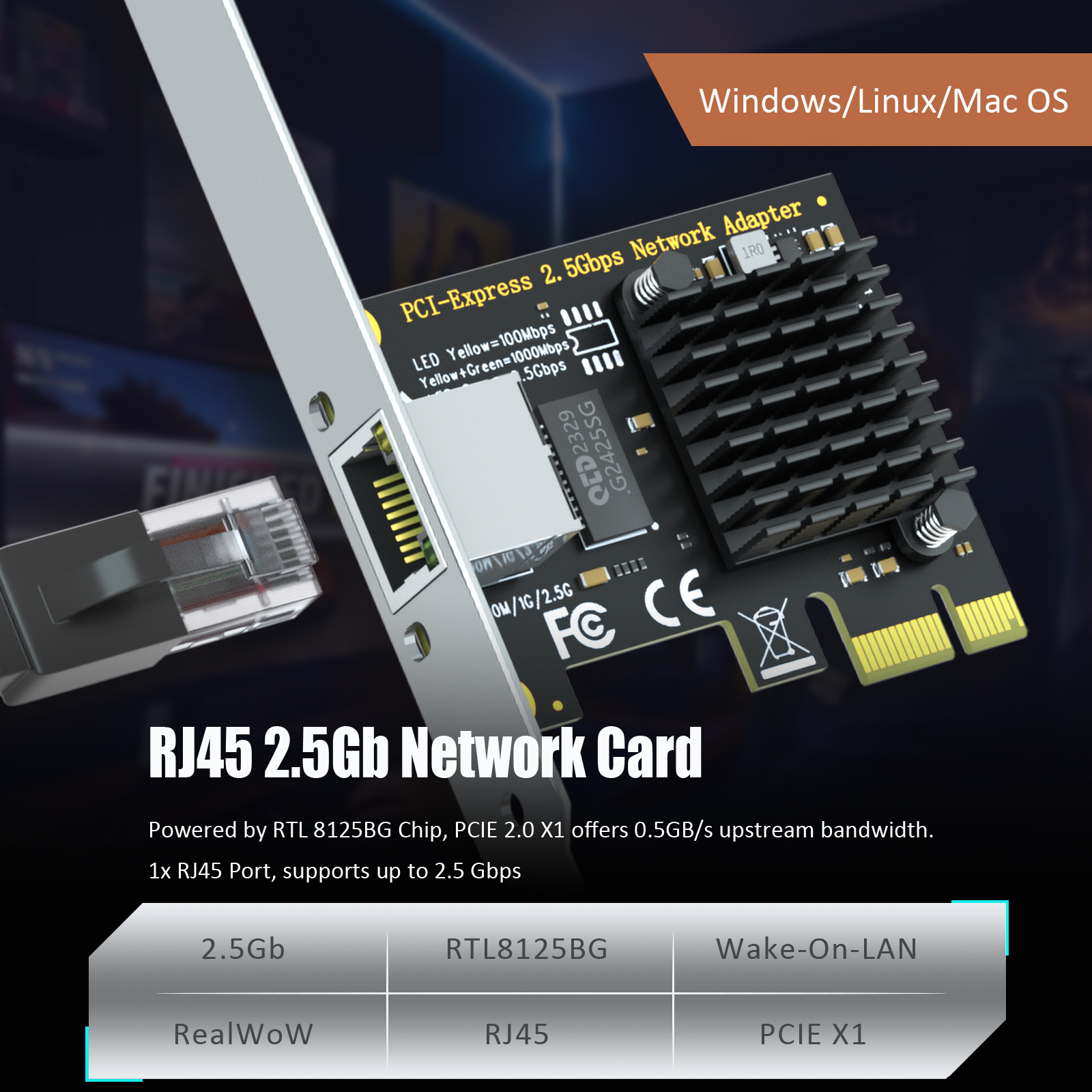 2.5Gb Network Card for Desktop PC/Server, RJ45 Port, 2500/1000/100Mbps Speed