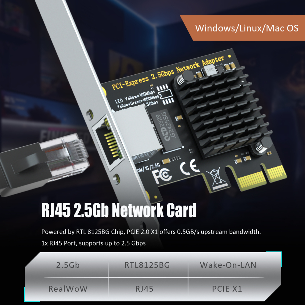 2.5Gb Network Card for Desktop PC/Server, RJ45 Port, 2500/1000/100Mbps Speed