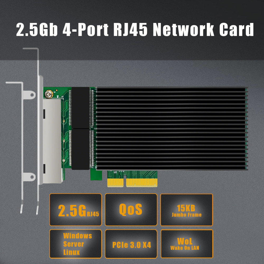2.5Gb Network Card with 4 RJ45 Port, Intel I226-V Controller,PCIe 3.1 x4, Low Profile