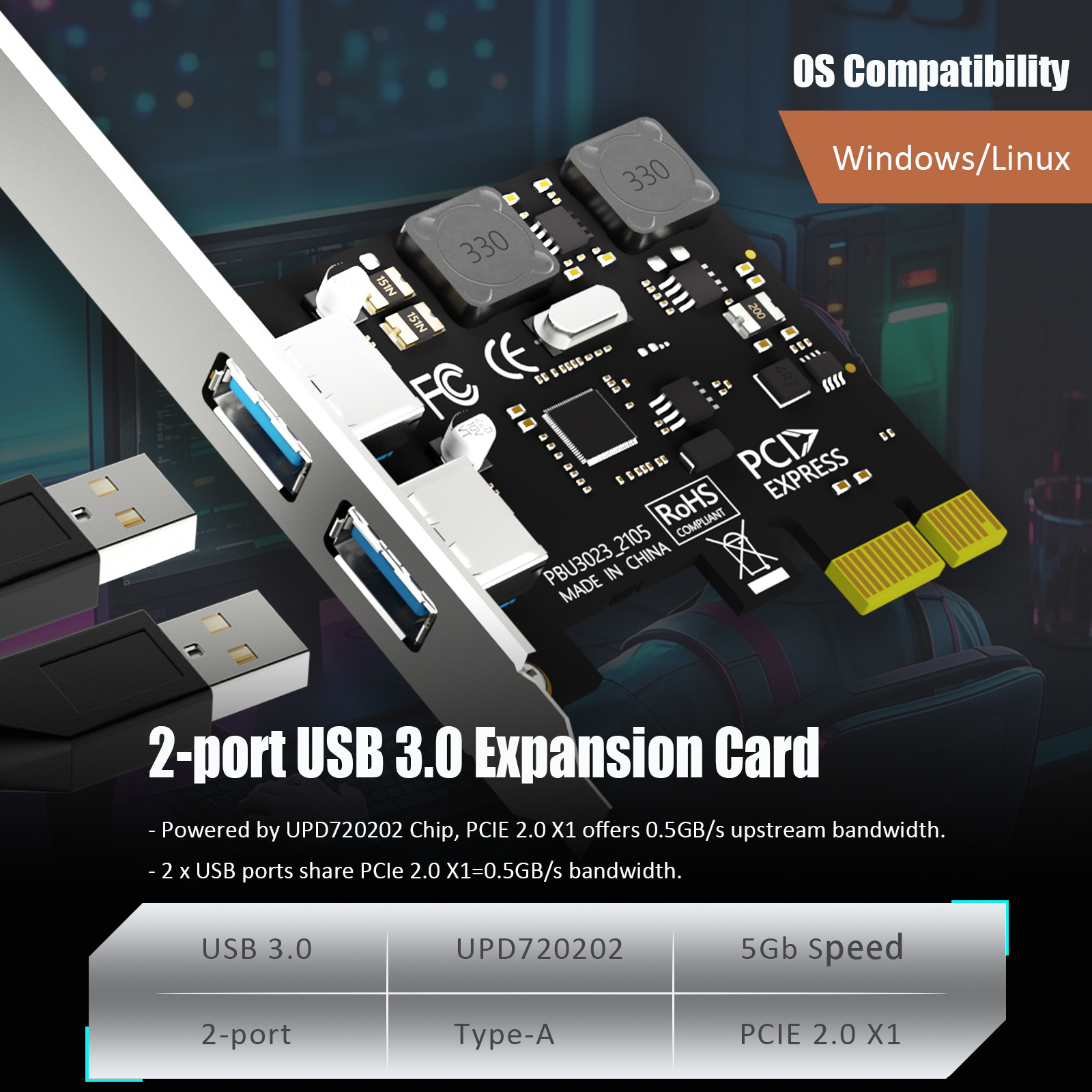 2 Port PCIe USB A Expansion Card, 2 USB-A Ports (USB 3.2 Gen 1)