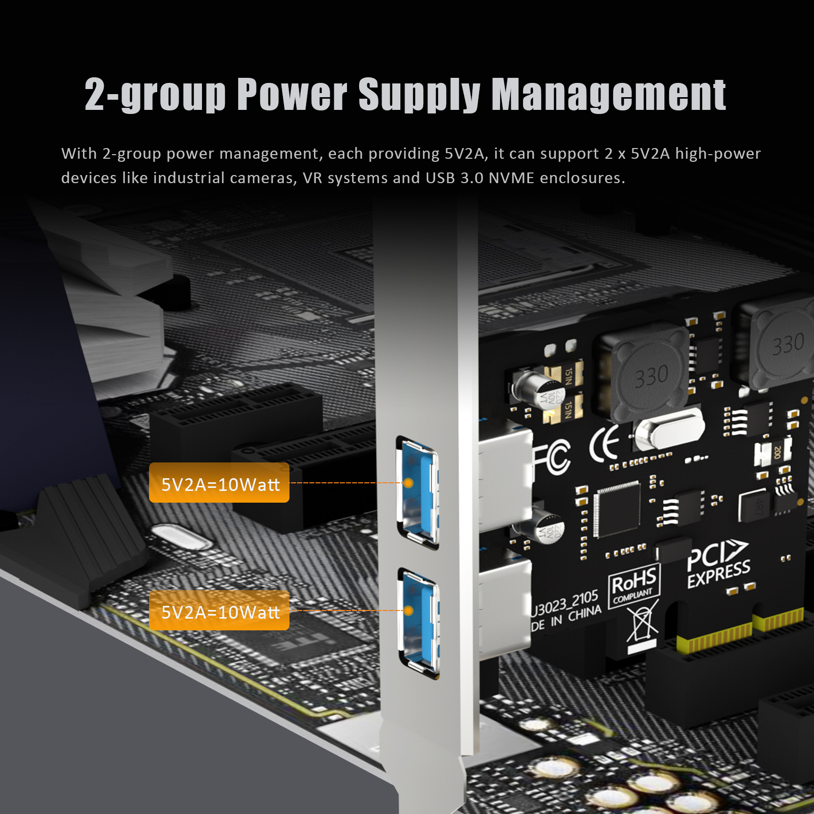 2 Port PCIe USB A Expansion Card, 2 USB-A Ports (USB 3.2 Gen 1)