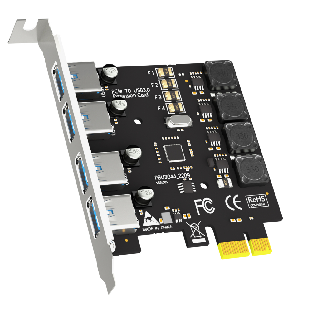 4-Port PCIe USB-A Expansion Card,5Gbps Speed (USB 3.2 Gen 1), PCIe 2.0 X1 Interface