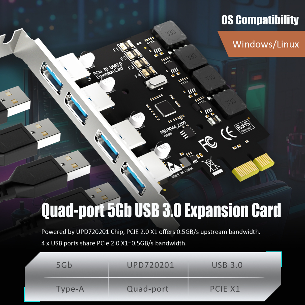 4-Port PCIe USB-A Expansion Card,5Gbps Speed (USB 3.2 Gen 1), PCIe 2.0 X1 Interface