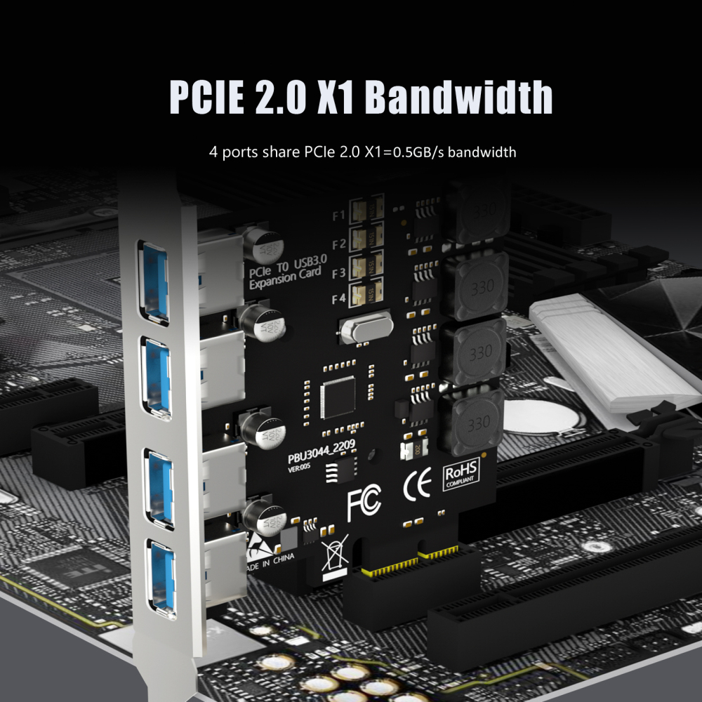 4-Port PCIe USB-A Expansion Card,5Gbps Speed (USB 3.2 Gen 1), PCIe 2.0 X1 Interface
