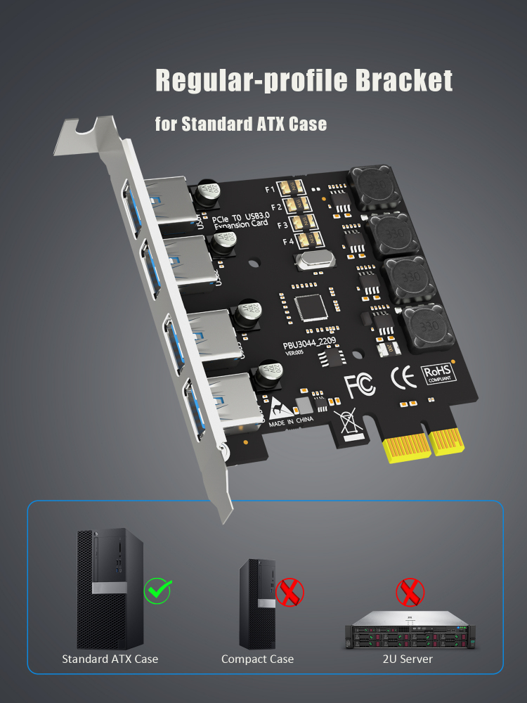 4-Port PCIe USB-A Expansion Card,5Gbps Speed (USB 3.2 Gen 1), PCIe 2.0 X1 Interface