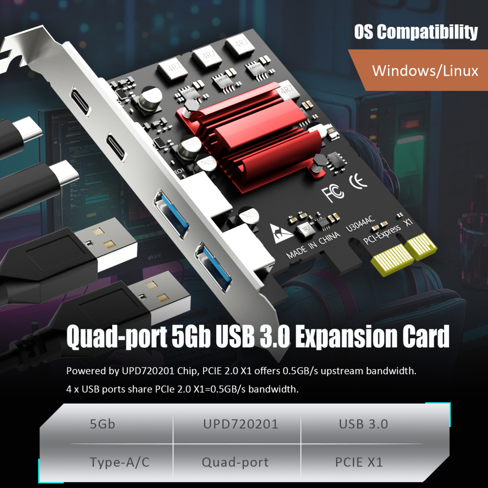 4-Port PCIe USB Expansion Card,5Gbps Speed (USB 3.2 Gen 1), PCIe 2.0 X1 Interface