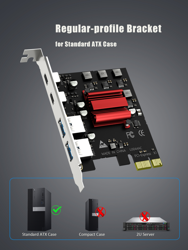 4-Port PCIe USB Expansion Card,5Gbps Speed (USB 3.2 Gen 1), PCIe 2.0 X1 Interface
