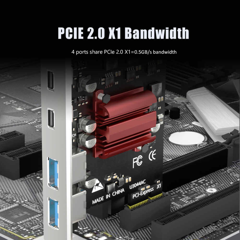 4-Port PCIe USB Expansion Card,5Gbps Speed (USB 3.2 Gen 1), PCIe 2.0 X1 Interface