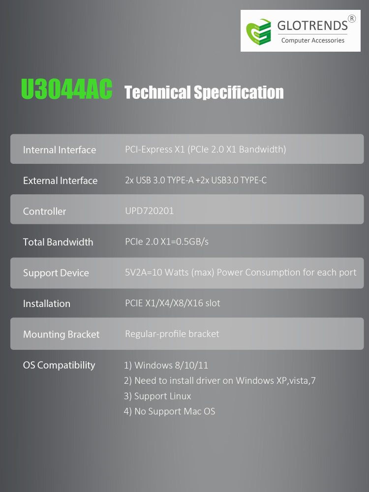 4-Port PCIe USB Expansion Card,5Gbps Speed (USB 3.2 Gen 1), PCIe 2.0 X1 Interface