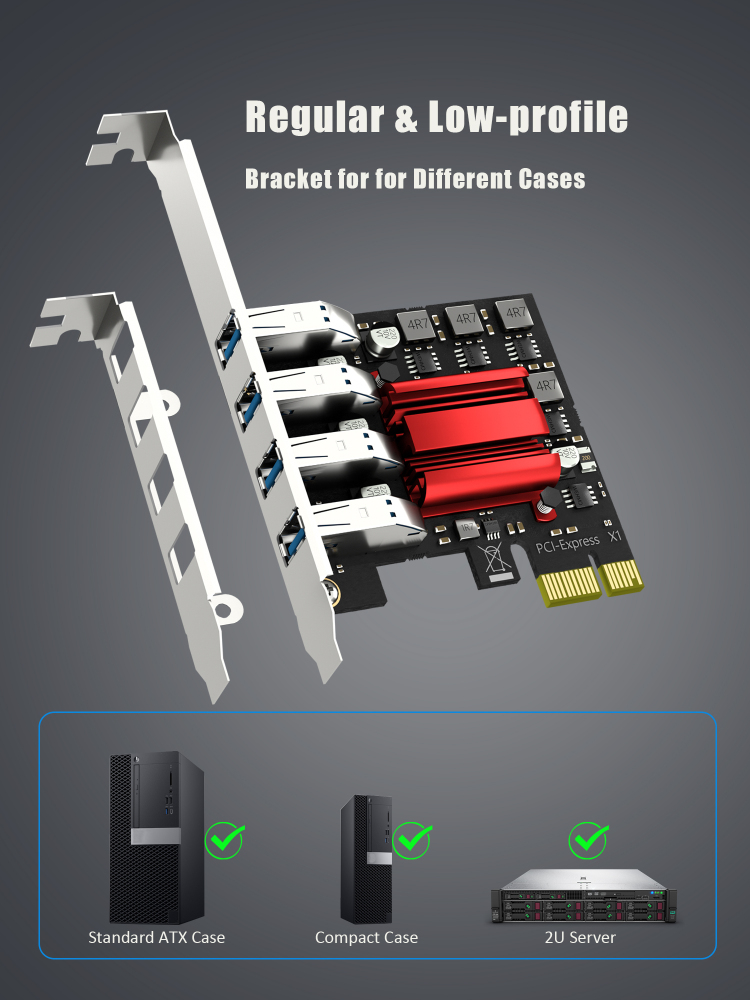 4-Port PCIe USB-A Expansion Card,5Gbps Speed (USB 3.2 Gen 1), PCIe 2.0 X1 Interface