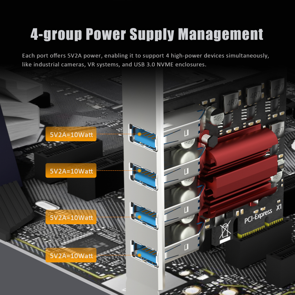 4-Port PCIe USB-A Expansion Card,5Gbps Speed (USB 3.2 Gen 1), PCIe 2.0 X1 Interface