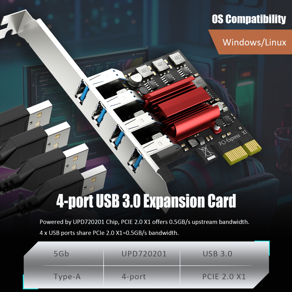 4-Port PCIe USB-A Expansion Card,5Gbps Speed (USB 3.2 Gen 1), PCIe 2.0 X1 Interface