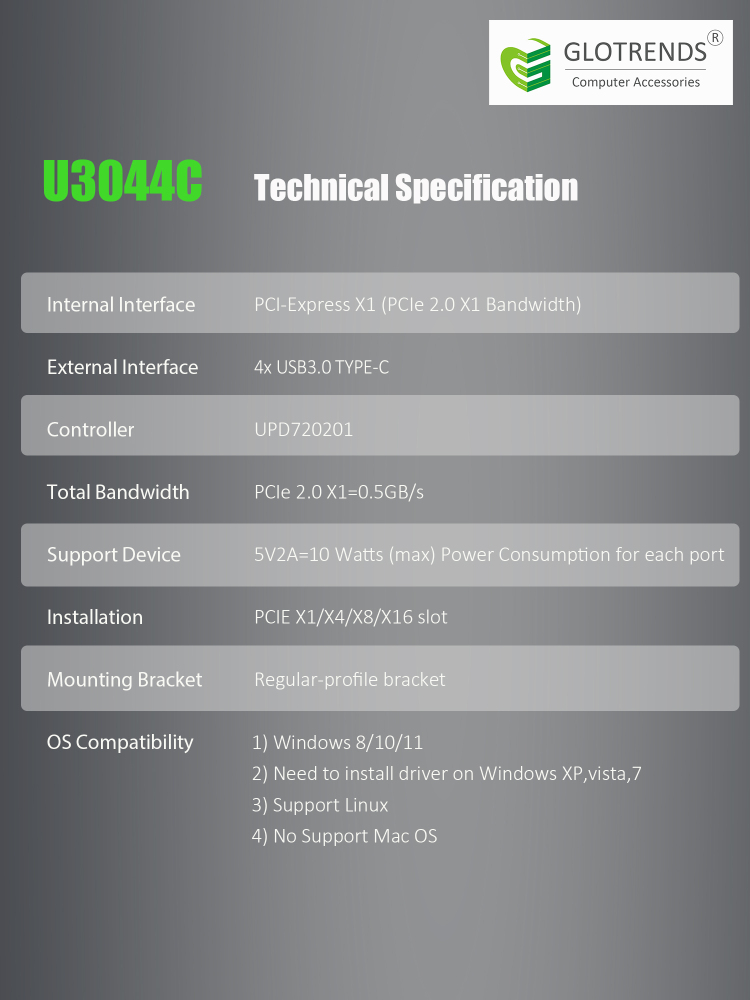 4-Port PCIe USB Expansion Card, 4 USB-C Ports (USB 3.2 Gen 1)