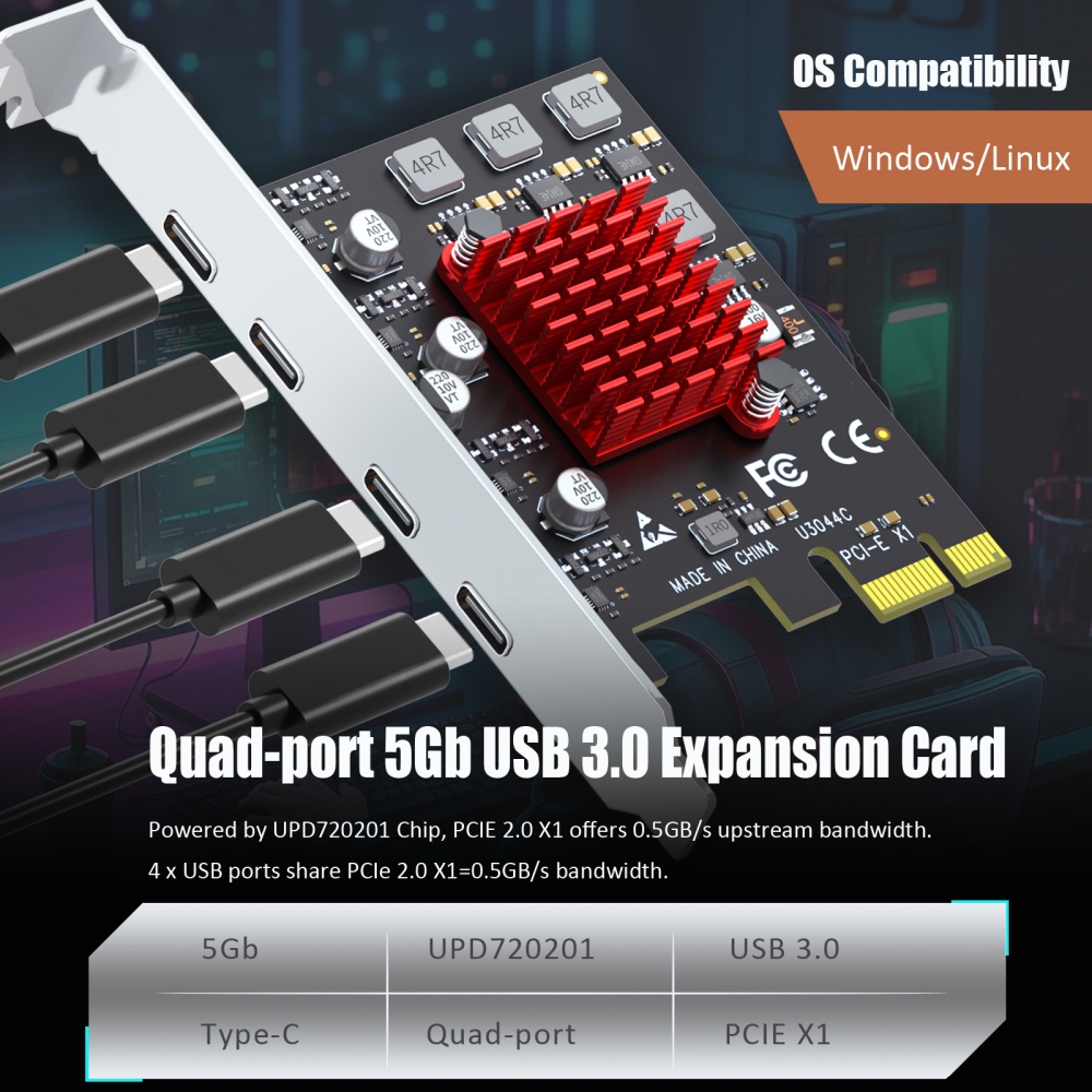 4-Port PCIe USB Expansion Card, 4 USB-C Ports (USB 3.2 Gen 1)