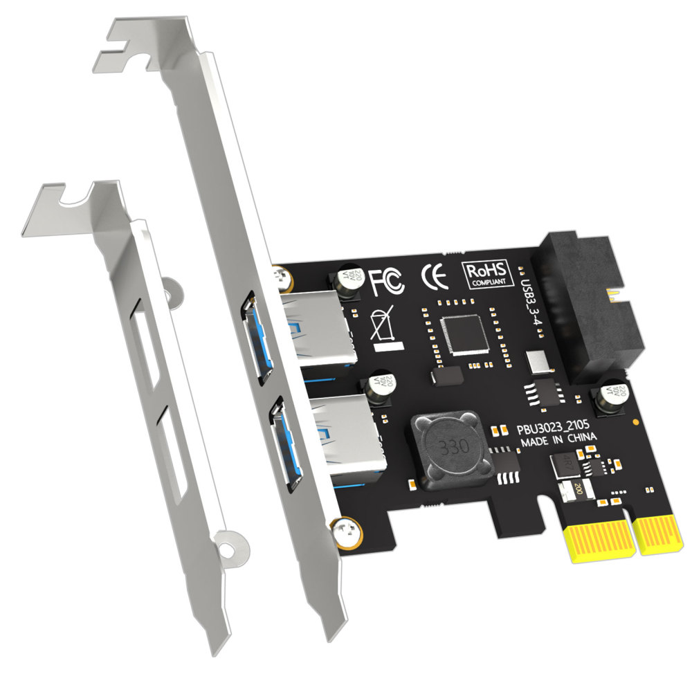 2-Port PCIe USB-A Expansion Card with 19Pin USB Header for Front Panel