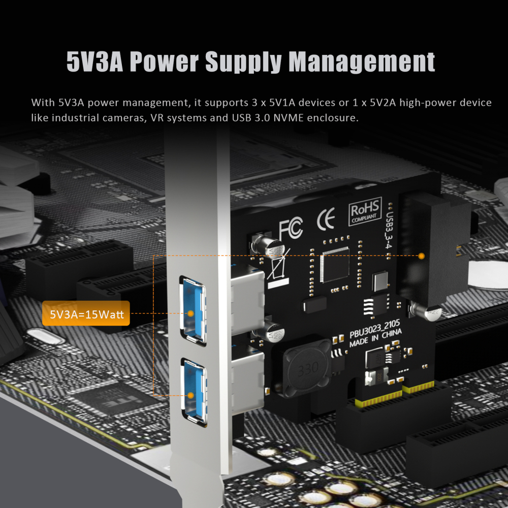 2-Port PCIe USB-A Expansion Card with 19Pin USB Header for Front Panel