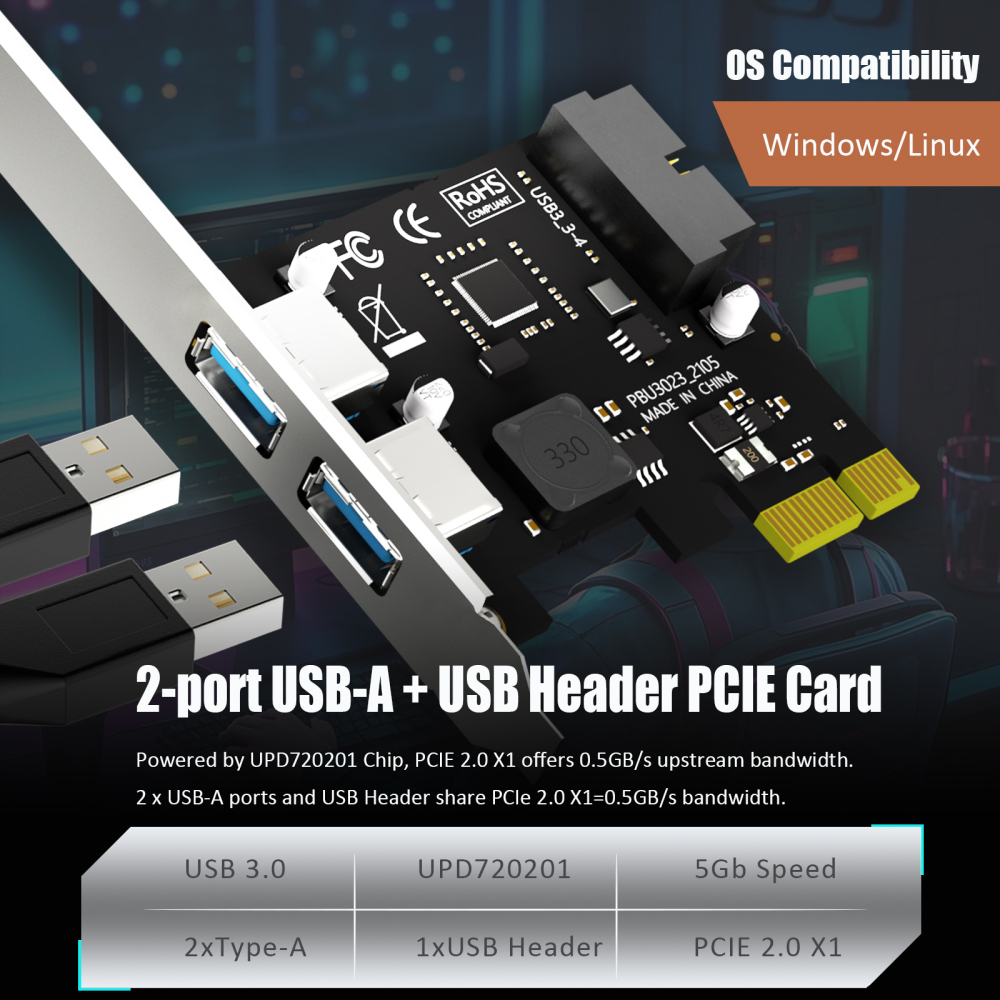 2-Port PCIe USB-A Expansion Card with 19Pin USB Header for Front Panel