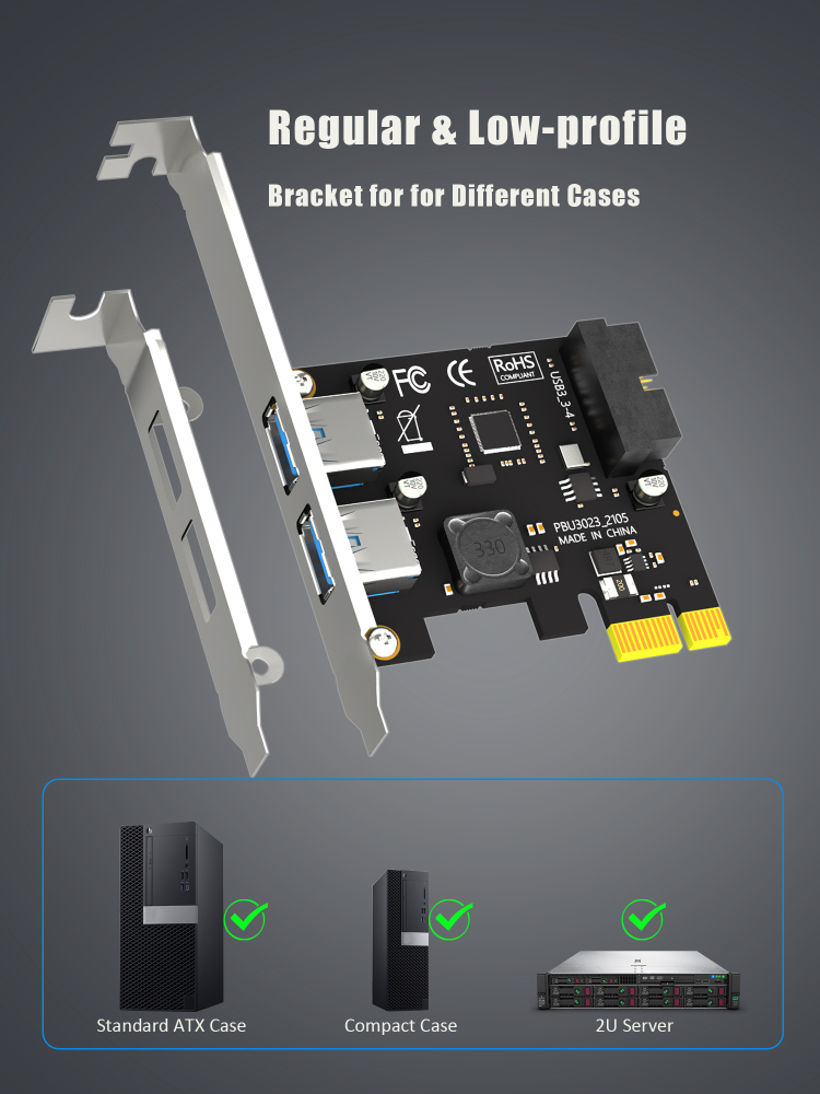2-Port PCIe USB-A Expansion Card with 19Pin USB Header for Front Panel