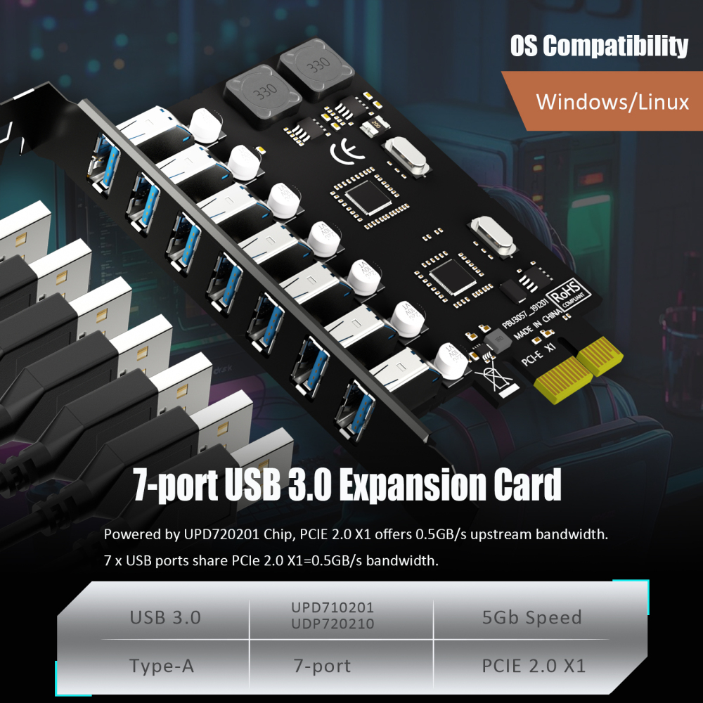 7-Port PCIe USB-A Expansion Card, 5Gbps Speed (USB 3.2 Gen 1),PCIe 2.0 X1 Interface