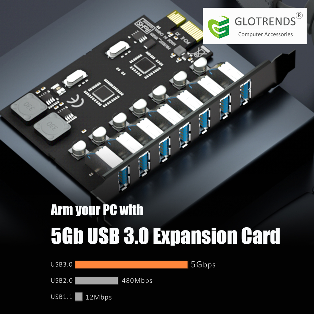 7-Port PCIe USB-A Expansion Card, 5Gbps Speed (USB 3.2 Gen 1),PCIe 2.0 X1 Interface