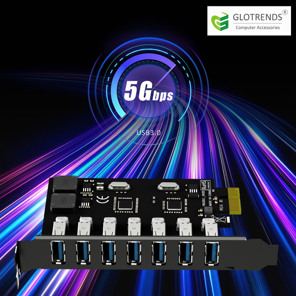 7-Port PCIe USB-A Expansion Card, 5Gbps Speed (USB 3.2 Gen 1),PCIe 2.0 X1 Interface
