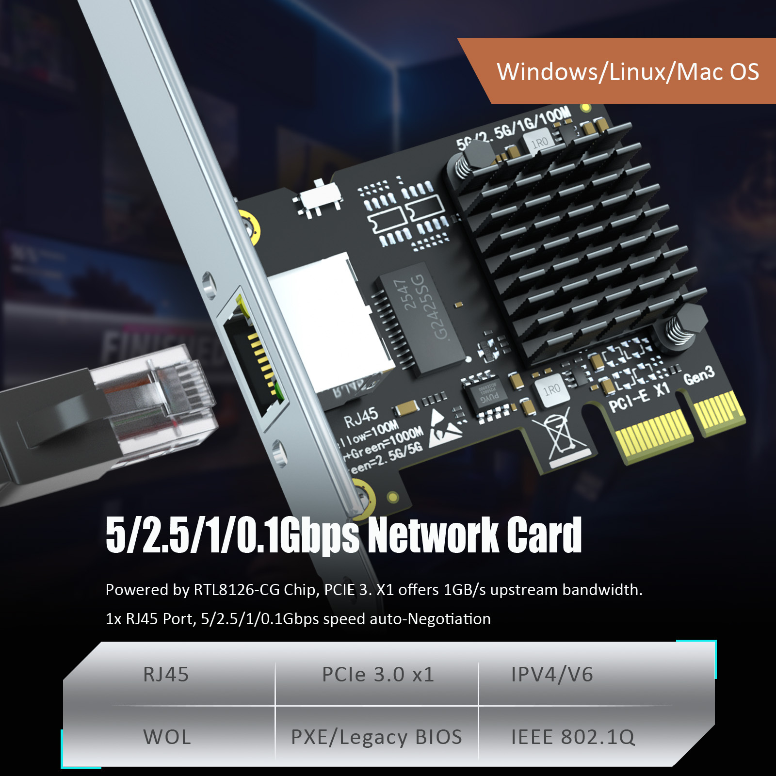 LE8126P 5Gb PCIe Network Card for Desktop PC/Server, RJ45 Port, WOL, PXE Legacy BIOS and UEFI
