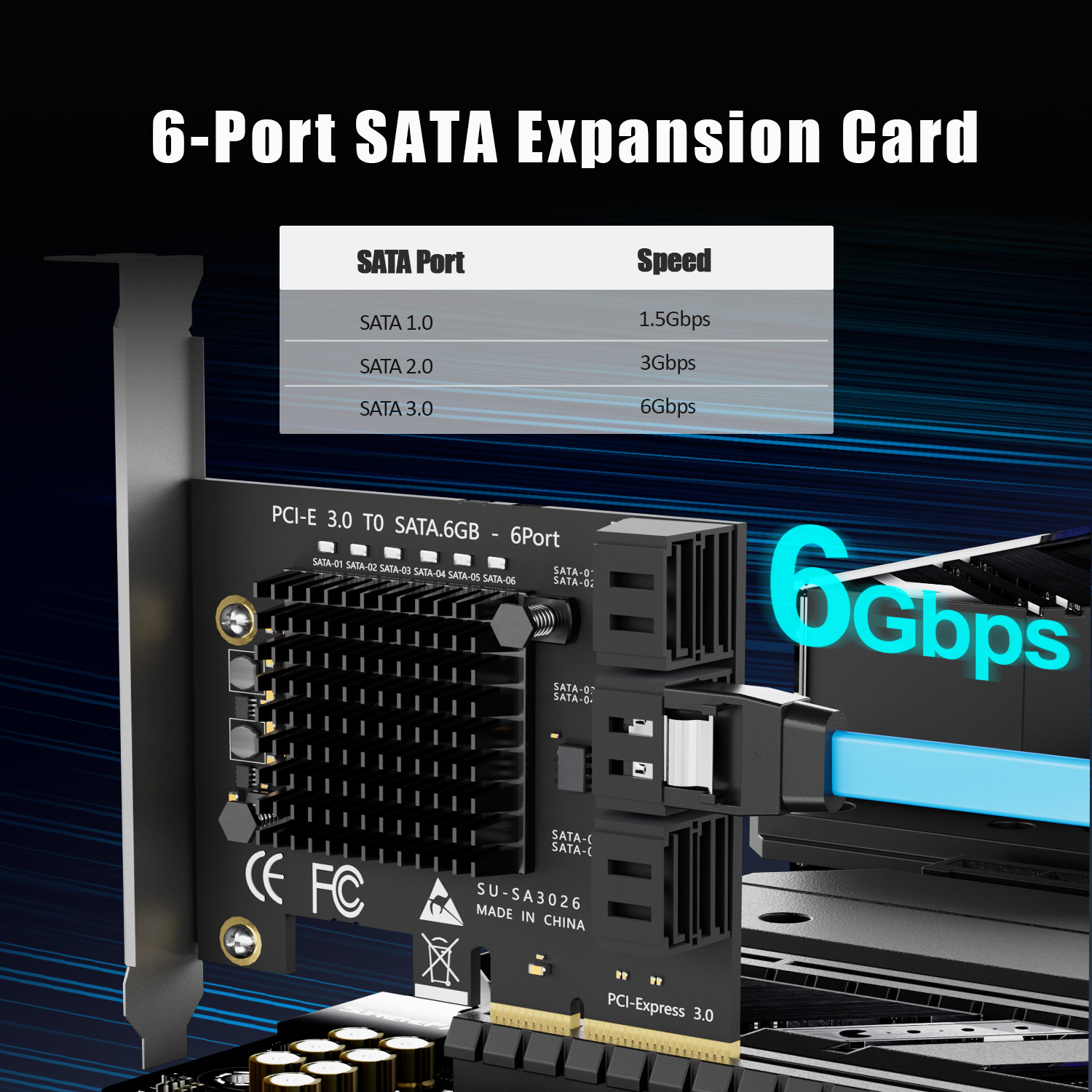 SA3026C 6-Port SATA Expansion Card, PCIE X4 Interface